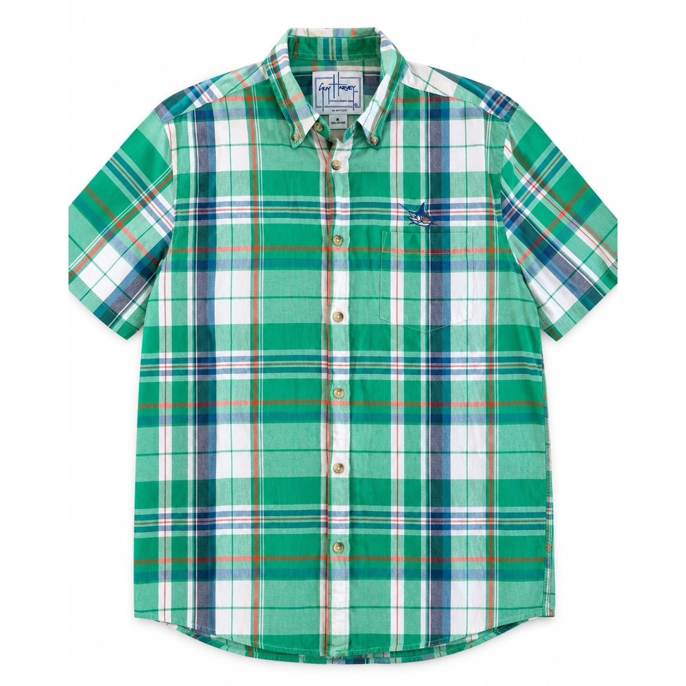 Guy Harvey by AFTCO Mens M Plaid Fishing Shirt Marlin Short Sleeve Green